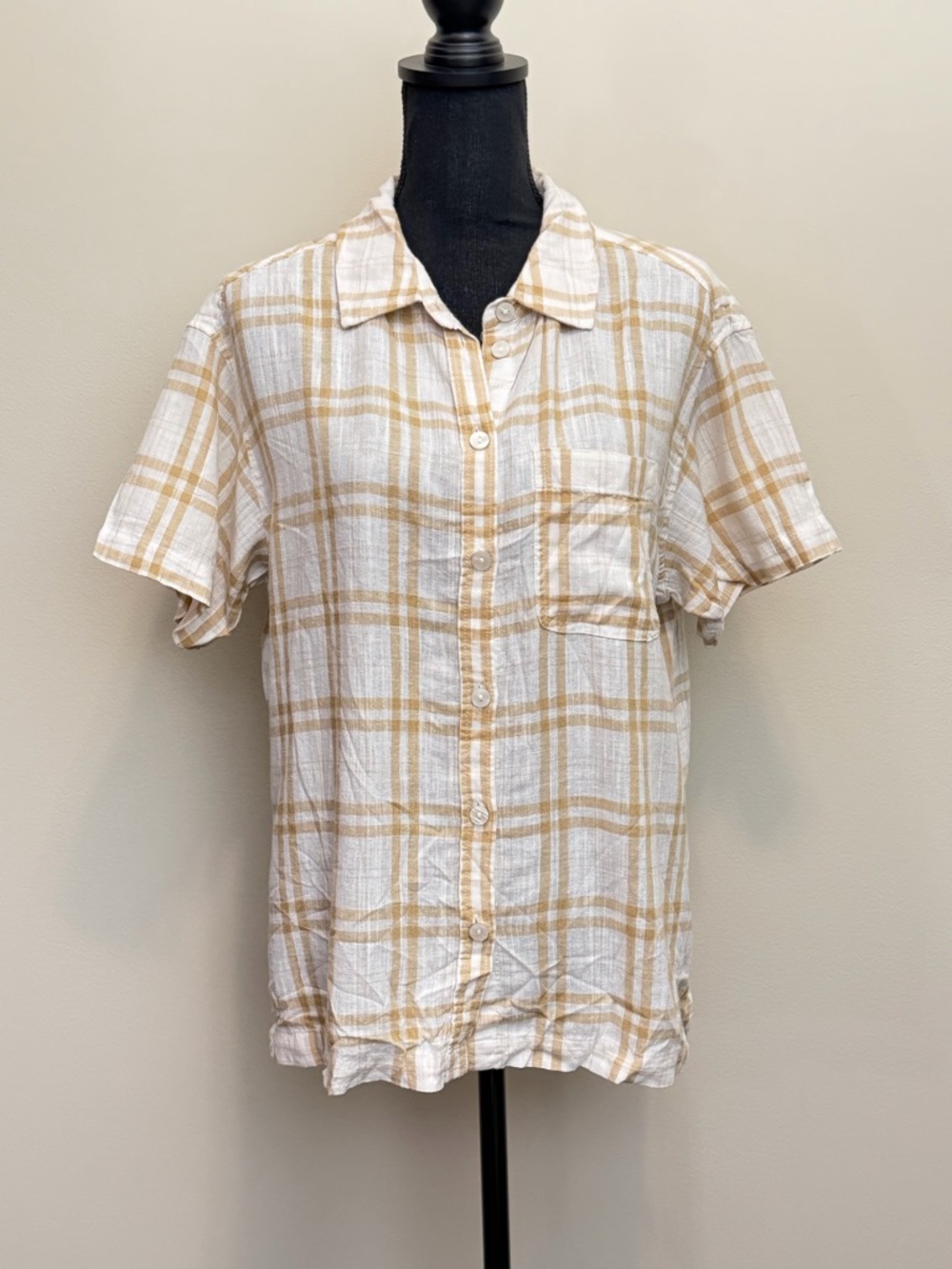 NWT American Eagle Oversized Boyfriend Resort Shirt Women M‎ Plaid Button Linen